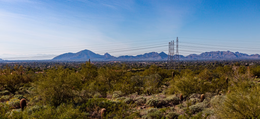 Sonoran desert panorama with saguaro cactus, mountain range, and overhead power line, Arizona landscape